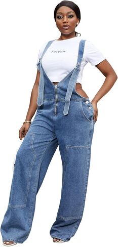 LAJIOJIO Denim Overalls for Women Casual Wide Leg Pants Baggy Jean Vintage Jumpsuit with Pockets in Kuwait
