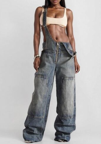 LAJIOJIO Denim Overalls for Women Casual Wide Leg Pants Baggy Jean Vintage Jumpsuit with Pockets in Kuwait