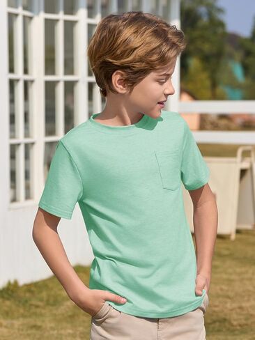 الأولاد Haloumoning Tirts Kids Shirt Sleeve Pocket Shirt Crewneck Summer Basic Teeps 5-14 Years in Kuwait