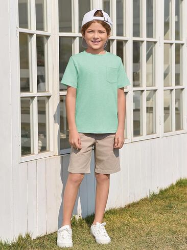الأولاد Haloumoning Tirts Kids Shirt Sleeve Pocket Shirt Crewneck Summer Basic Teeps 5-14 Years in Kuwait