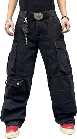 Mens Goth Baggy Cargo Jeans with Pockets Steampunk Patchwork Embroidery Wide Leg Denim Pants in Saudi Arabia