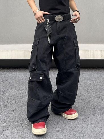Mens Goth Baggy Cargo Jeans with Pockets Steampunk Patchwork Embroidery Wide Leg Denim Pants in Saudi Arabia