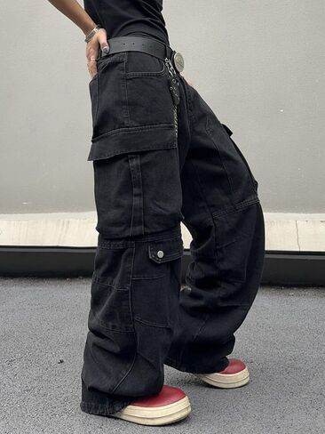 Mens Goth Baggy Cargo Jeans with Pockets Steampunk Patchwork Embroidery Wide Leg Denim Pants in Saudi Arabia