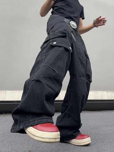 Mens Goth Baggy Cargo Jeans with Pockets Steampunk Patchwork Embroidery Wide Leg Denim Pants in Saudi Arabia
