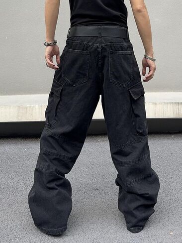 Mens Goth Baggy Cargo Jeans with Pockets Steampunk Patchwork Embroidery Wide Leg Denim Pants in Saudi Arabia