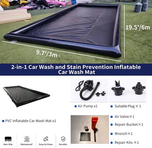 Inflatable Car Wash Mat 9.7' x 19.5' Containment PVC Garage Floor Mat Non-Slip Heavy Duty Waterproof Protection from Water, Snow, Rain, Mud and Oil Black for Cars in Saudi Arabia