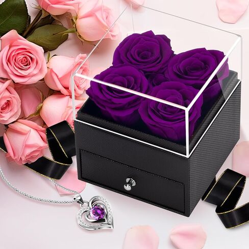 YEEBAY Preserved Flowers Gift for Mom from Son or Daughter, Incl 4 Rose and Heart Necklace, Ideal Gifts Birthday, Mother's Day, Valentine's Day, Christmas for Grandma for Her, Women, Wife in Saudi Arabia