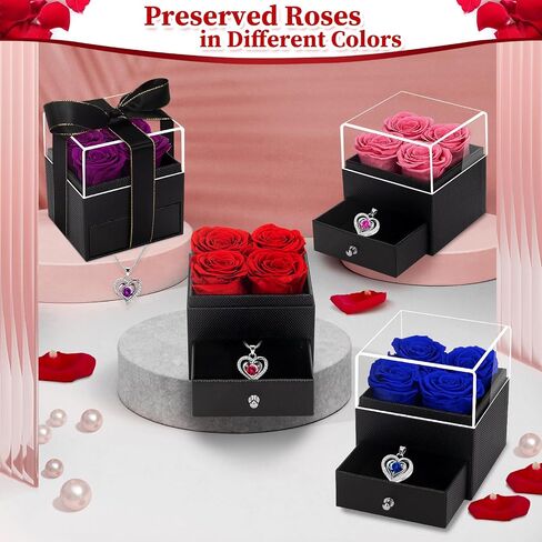 YEEBAY Preserved Flowers Gift for Mom from Son or Daughter, Incl 4 Rose and Heart Necklace, Ideal Gifts Birthday, Mother's Day, Valentine's Day, Christmas for Grandma for Her, Women, Wife in Saudi Arabia