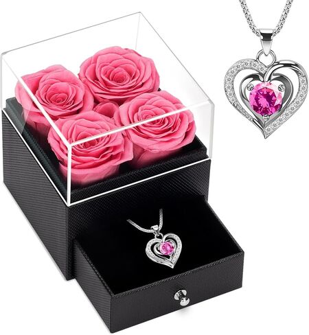 YEEBAY Preserved Flowers Gift for Mom from Son or Daughter, Incl 4 Rose and Heart Necklace, Ideal Gifts Birthday, Mother's Day, Valentine's Day, Christmas for Grandma for Her, Women, Wife in Saudi Arabia