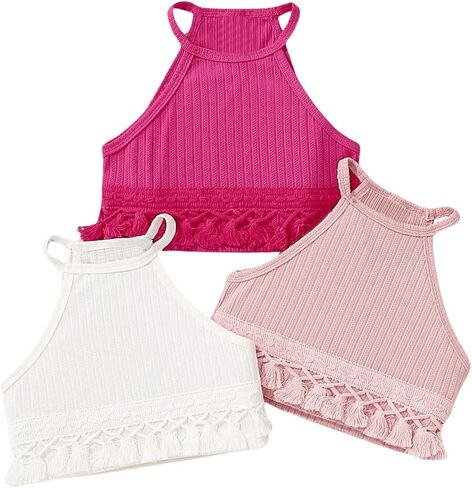 SHENHE Girl's 3 Piece Halter Top Lace Ribbed Knit Sleeveless Casual Summer Cami Tops in Saudi Arabia