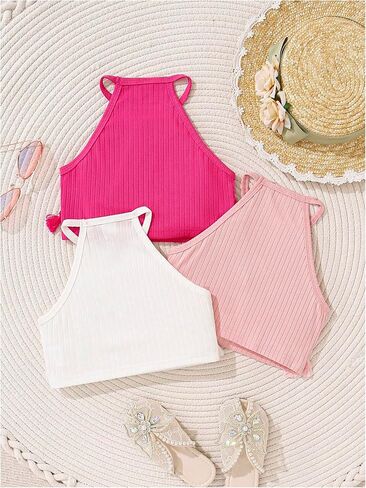 SHENHE Girl's 3 Piece Halter Top Lace Ribbed Knit Sleeveless Casual Summer Cami Tops in Saudi Arabia
