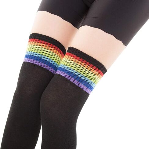 Haoohu Womens Black White Socks Over Knee Rainbow Stripe Thigh High Socks Stocking in Saudi Arabia