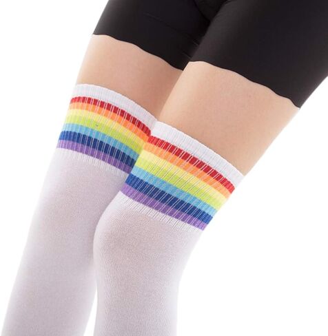 Haoohu Womens Black White Socks Over Knee Rainbow Stripe Thigh High Socks Stocking in Saudi Arabia