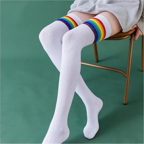 Haoohu Womens Black White Socks Over Knee Rainbow Stripe Thigh High Socks Stocking in Saudi Arabia