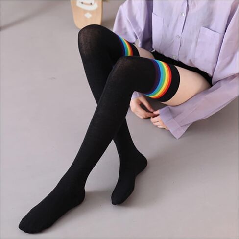Haoohu Womens Black White Socks Over Knee Rainbow Stripe Thigh High Socks Stocking in Saudi Arabia