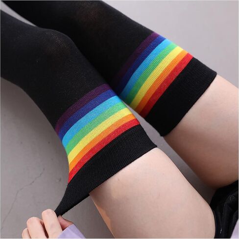 Haoohu Womens Black White Socks Over Knee Rainbow Stripe Thigh High Socks Stocking in Saudi Arabia