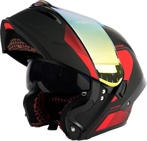 Orthrus Modular LED خوذة دراجة نارية كاملة - DOT معتمدة من Flip -Up Dual Visor Sun Shield & Bluetooth جاهزة للبالغين الرجال - الدراجة الشارع/موتوكروس (Dobermann Red ، L) in Kuwait