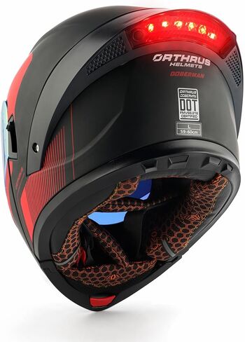 Orthrus Modular LED خوذة دراجة نارية كاملة - DOT معتمدة من Flip -Up Dual Visor Sun Shield & Bluetooth جاهزة للبالغين الرجال - الدراجة الشارع/موتوكروس (Dobermann Red ، L) in Kuwait