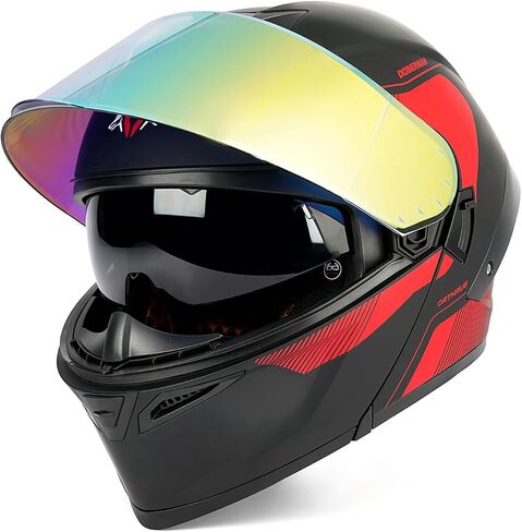 Orthrus Modular LED خوذة دراجة نارية كاملة - DOT معتمدة من Flip -Up Dual Visor Sun Shield & Bluetooth جاهزة للبالغين الرجال - الدراجة الشارع/موتوكروس (Dobermann Red ، L) in Kuwait