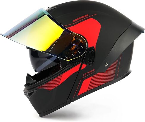Orthrus Modular LED خوذة دراجة نارية كاملة - DOT معتمدة من Flip -Up Dual Visor Sun Shield & Bluetooth جاهزة للبالغين الرجال - الدراجة الشارع/موتوكروس (Dobermann Red ، L) in Kuwait