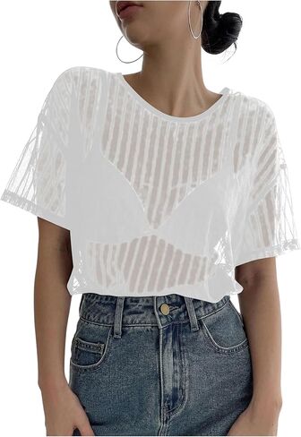 تي شيرت SHENHE نسائي مخطط شفاف من خلال شبكة برقبة دائرية وأكمام قصيرة وشفاف وجذاب in Kuwait