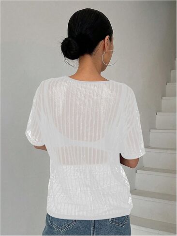 تي شيرت SHENHE نسائي مخطط شفاف من خلال شبكة برقبة دائرية وأكمام قصيرة وشفاف وجذاب in Kuwait