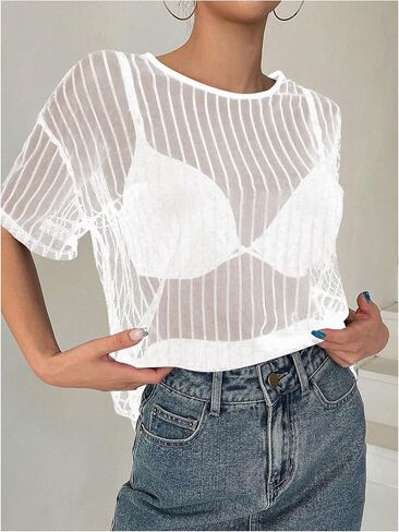 تي شيرت SHENHE نسائي مخطط شفاف من خلال شبكة برقبة دائرية وأكمام قصيرة وشفاف وجذاب in Kuwait