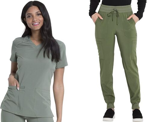 Dickies Women's Scrub Sets V-Neck Top DK615 Mid Rise Jogger DK065 with Moisture Wicking, Durable, and 360° Stretch Fabric, Olive- L Top/L Pant in Saudi Arabia