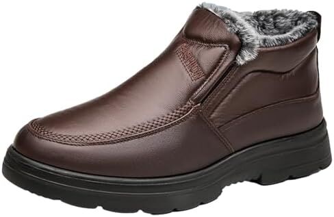 Men's Leather Warm Fur Lined Slip On Snow Boots Winter Hand Stitching Low Top Anti-Slip Outdoor Water Resistant Sneakers Boots Lightweight Casual Walking Loafers Shoes in Saudi Arabia