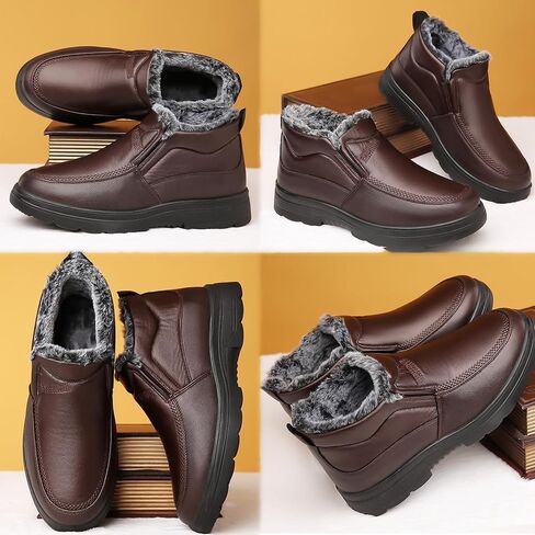 Men's Leather Warm Fur Lined Slip On Snow Boots Winter Hand Stitching Low Top Anti-Slip Outdoor Water Resistant Sneakers Boots Lightweight Casual Walking Loafers Shoes in Saudi Arabia