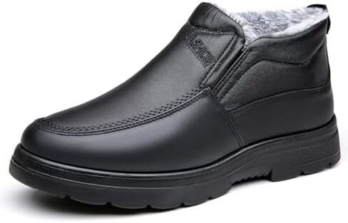 Men's Leather Warm Fur Lined Slip On Snow Boots Winter Hand Stitching Low Top Anti-Slip Outdoor Water Resistant Sneakers Boots Lightweight Casual Walking Loafers Shoes in Saudi Arabia