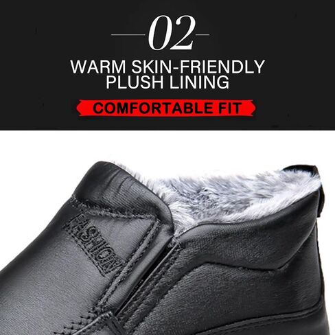 Men's Leather Warm Fur Lined Slip On Snow Boots Winter Hand Stitching Low Top Anti-Slip Outdoor Water Resistant Sneakers Boots Lightweight Casual Walking Loafers Shoes in Saudi Arabia