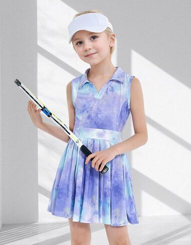 JiAmy Girls Tennis Dress Sleeveless Polo V Neck Athletic Dress Cutout Back Printed Pleated Girls Golf Dresses 3-12 Y in Kuwait