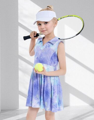 JiAmy Girls Tennis Dress Sleeveless Polo V Neck Athletic Dress Cutout Back Printed Pleated Girls Golf Dresses 3-12 Y in Kuwait