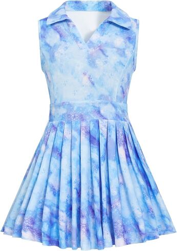 JiAmy Girls Tennis Dress Sleeveless Polo V Neck Athletic Dress Cutout Back Printed Pleated Girls Golf Dresses 3-12 Y in Saudi Arabia
