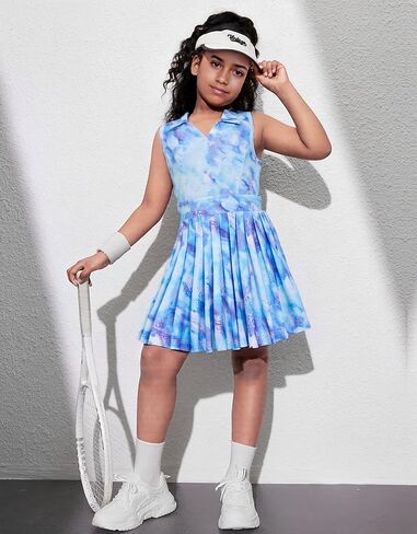 JiAmy Girls Tennis Dress Sleeveless Polo V Neck Athletic Dress Cutout Back Printed Pleated Girls Golf Dresses 3-12 Y in Saudi Arabia