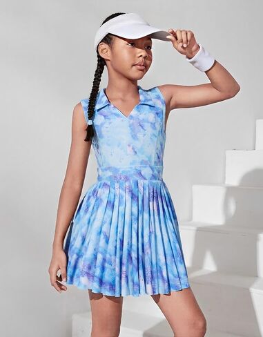JiAmy Girls Tennis Dress Sleeveless Polo V Neck Athletic Dress Cutout Back Printed Pleated Girls Golf Dresses 3-12 Y in Saudi Arabia