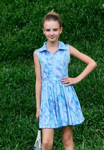 JiAmy Girls Tennis Dress Sleeveless Polo V Neck Athletic Dress Cutout Back Printed Pleated Girls Golf Dresses 3-12 Y in Saudi Arabia