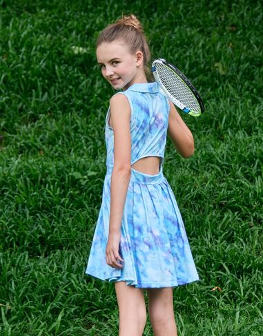 JiAmy Girls Tennis Dress Sleeveless Polo V Neck Athletic Dress Cutout Back Printed Pleated Girls Golf Dresses 3-12 Y in Saudi Arabia