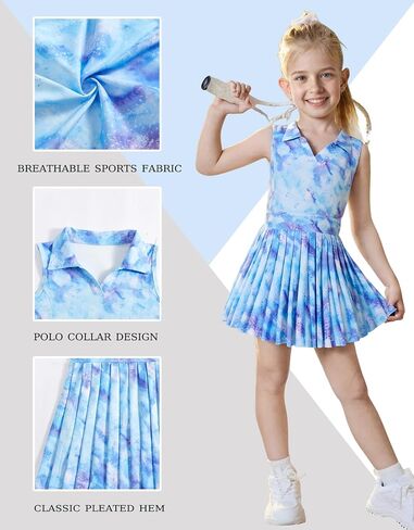 JiAmy Girls Tennis Dress Sleeveless Polo V Neck Athletic Dress Cutout Back Printed Pleated Girls Golf Dresses 3-12 Y in Saudi Arabia