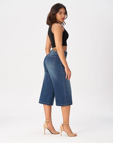 roswear Women’s Wide Leg Capri Pants Stretchy High Waisted Loose Denim Jeans in Saudi Arabia