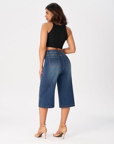roswear Women’s Wide Leg Capri Pants Stretchy High Waisted Loose Denim Jeans in Saudi Arabia