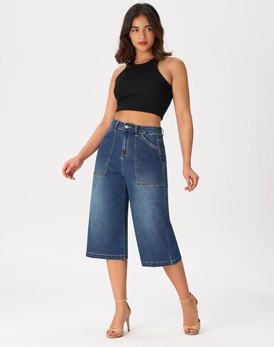 roswear Women’s Wide Leg Capri Pants Stretchy High Waisted Loose Denim Jeans in Saudi Arabia