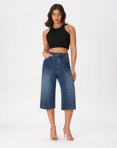 roswear Women’s Wide Leg Capri Pants Stretchy High Waisted Loose Denim Jeans in Saudi Arabia