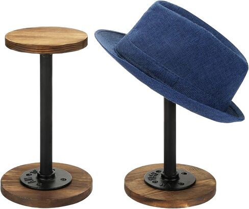 MyGift Rustic Burnt Wood Hat Holder Stand with Industrial Metal Pipe, Wig Rack or Jewelry Display Riser, Set of 2 (Burnt Wood, Medium, 2 Pack) in Saudi Arabia