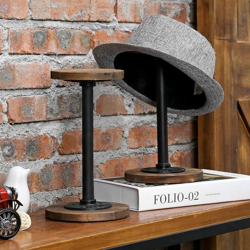 MyGift Rustic Burnt Wood Hat Holder Stand with Industrial Metal Pipe, Wig Rack or Jewelry Display Riser, Set of 2 (Burnt Wood, Medium, 2 Pack) in Saudi Arabia