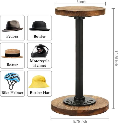 MyGift Rustic Burnt Wood Hat Holder Stand with Industrial Metal Pipe, Wig Rack or Jewelry Display Riser, Set of 2 (Burnt Wood, Medium, 2 Pack) in Saudi Arabia