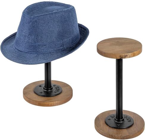 MyGift Rustic Burnt Wood Hat Holder Stand with Industrial Metal Pipe, Wig Rack or Jewelry Display Riser, Set of 2 (Burnt Wood, Medium, 2 Pack) in Saudi Arabia