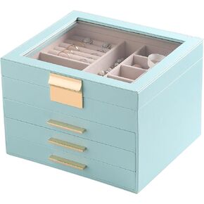 Frebeauty Jewelry Box with Clear Lid,4-Layer Jewelry Organizer with 3 Drawers,Faux Leather Jewelry Organizer and Storage,Square Shape Appearance,Stylish Gold Handle,Jewelry Box for Women(White)