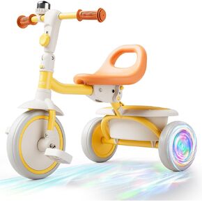 besrey Kids Tricycle with Flash Wheels for Ages 18 Months to 5 Years, Toddler Tricycle with Bell, Kids Tricycle, Gift for 2-5 Year Olds, Gift and Toy for Boys and Girls, Tricycle for Toddlers, Yellow